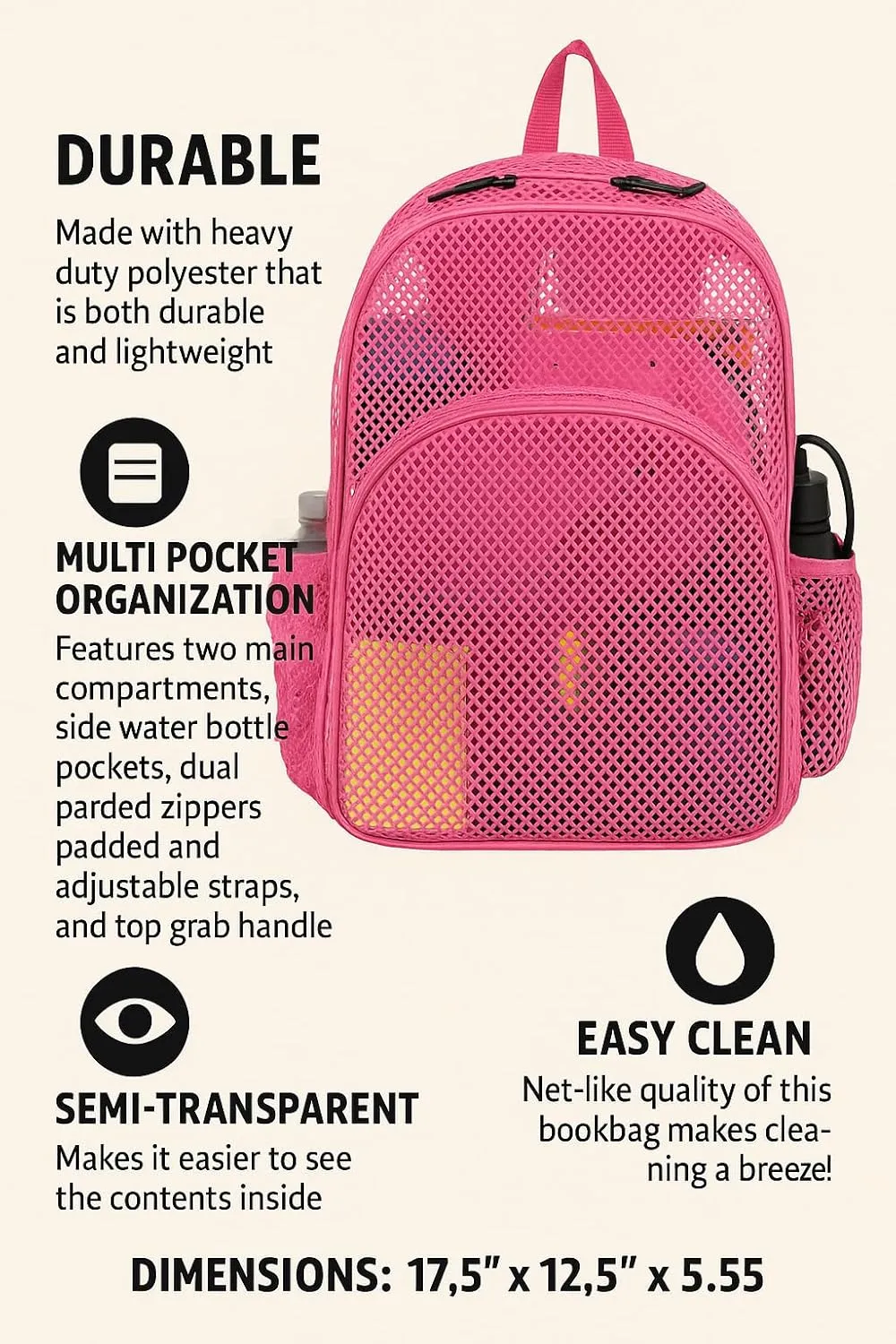 Eastsport Mesh Gym Bag Bungee Sport Swimming Bag Backpack, Pink