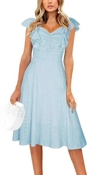 ECOWISH Women's Summer Dresses 2025 Elegant Lady Wedding Guest Cocktail Ruffle Cap Sleeves A-Line Office Midi Dress