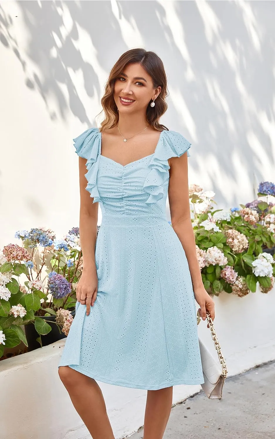 ECOWISH Women's Summer Dresses 2025 Elegant Lady Wedding Guest Cocktail Ruffle Cap Sleeves A-Line Office Midi Dress