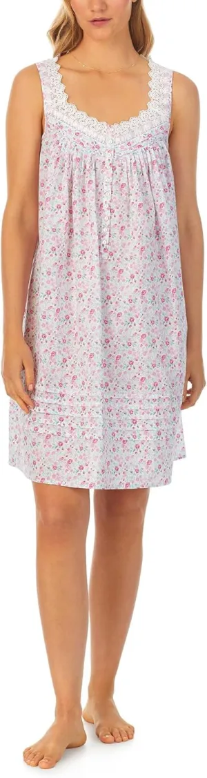 Eileen West Sleeveless Chemise for Women - Pure Cotton Fabric Construction - Lace Sweetheart Neckline
