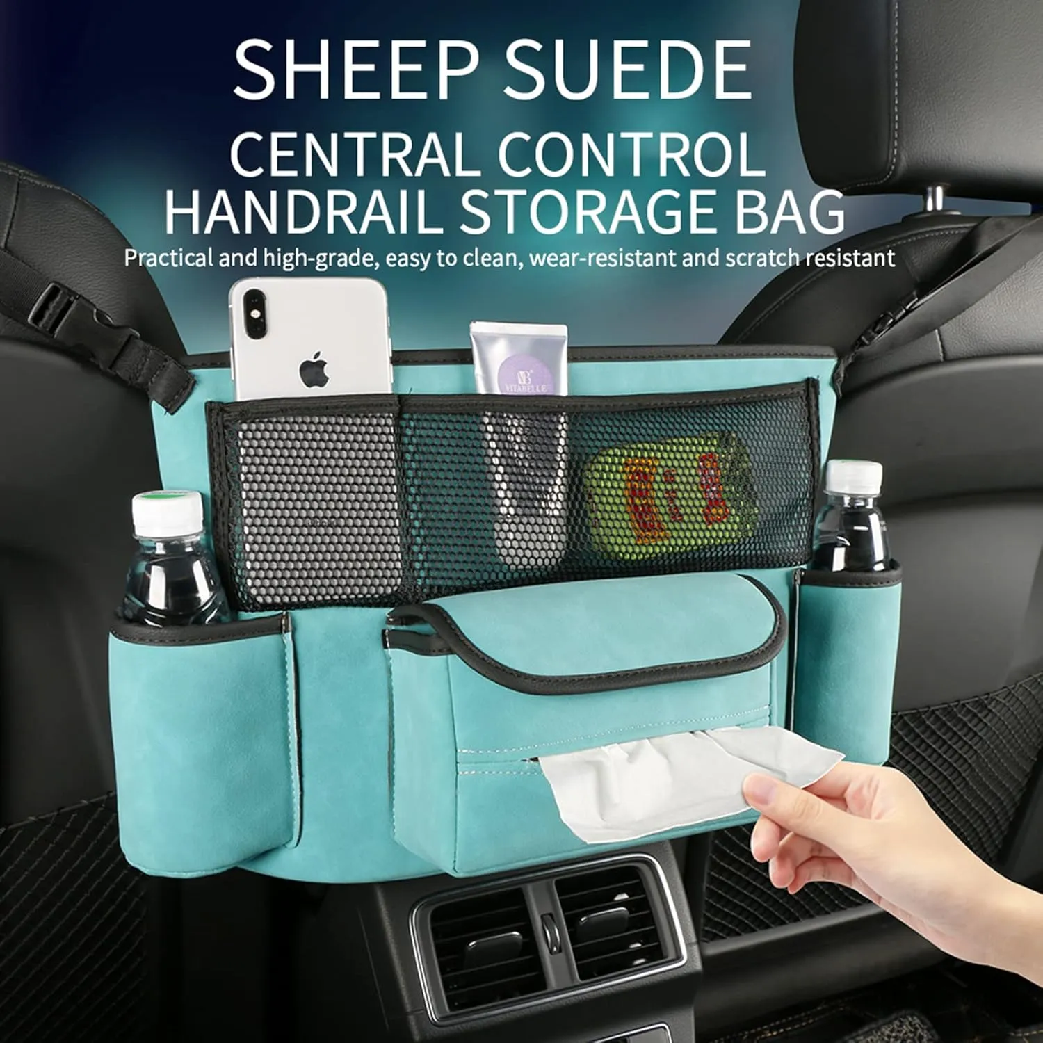 EKALA Car Handbag Holder Between Seats with Multi-Pocket Large Capacity Storage Bag Removable Inner Liner Pet Kids Barrier Car Net Pocket Holder (Blue)