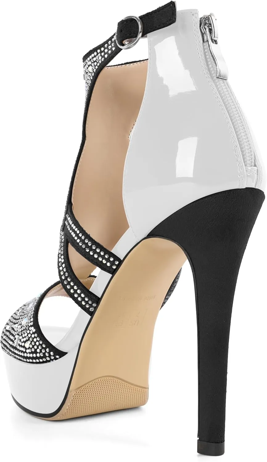 Eldof High Heeled Sandals for Women, Open Toe Strappy Platform Sandals, Cutout Gladiator Heels with Rinestones, Pumps Shoes for Dress Party Evening Summer