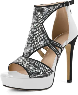 Eldof High Heeled Sandals for Women, Open Toe Strappy Platform Sandals, Cutout Gladiator Heels with Rinestones, Pumps Shoes for Dress Party Evening Summer