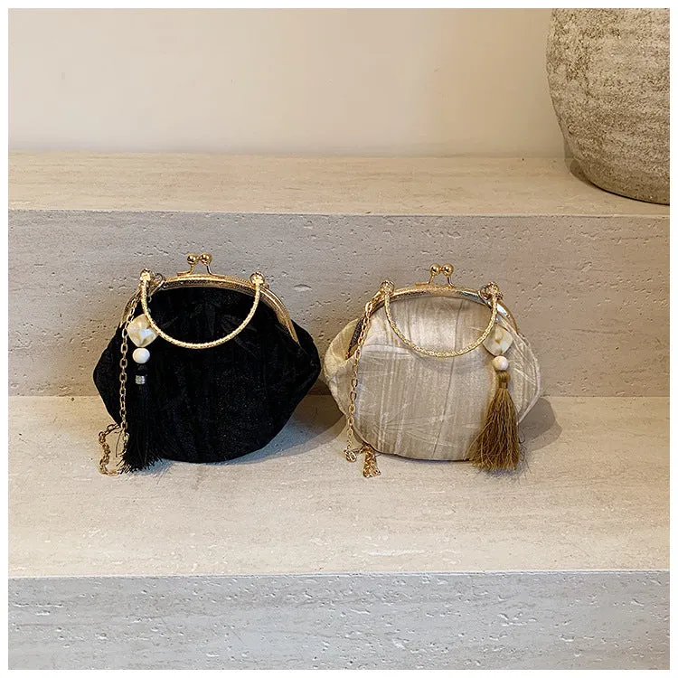 Elegant Bamboo Handle Velvet Evening Bag with Tassel Pendant