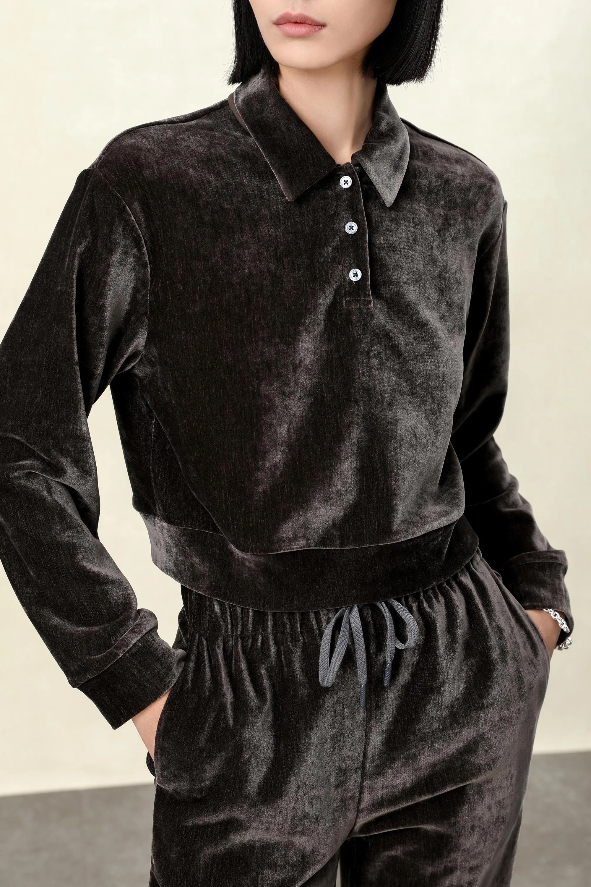 Elegant Dark Brown and beige Velvet Top with Reflective Sheen, Versatile Women's Shirt, Stylish Outfits, brown pants, beige velvet pants