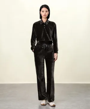Elegant Dark Brown and beige Velvet Top with Reflective Sheen, Versatile Women's Shirt, Stylish Outfits, brown pants, beige velvet pants
