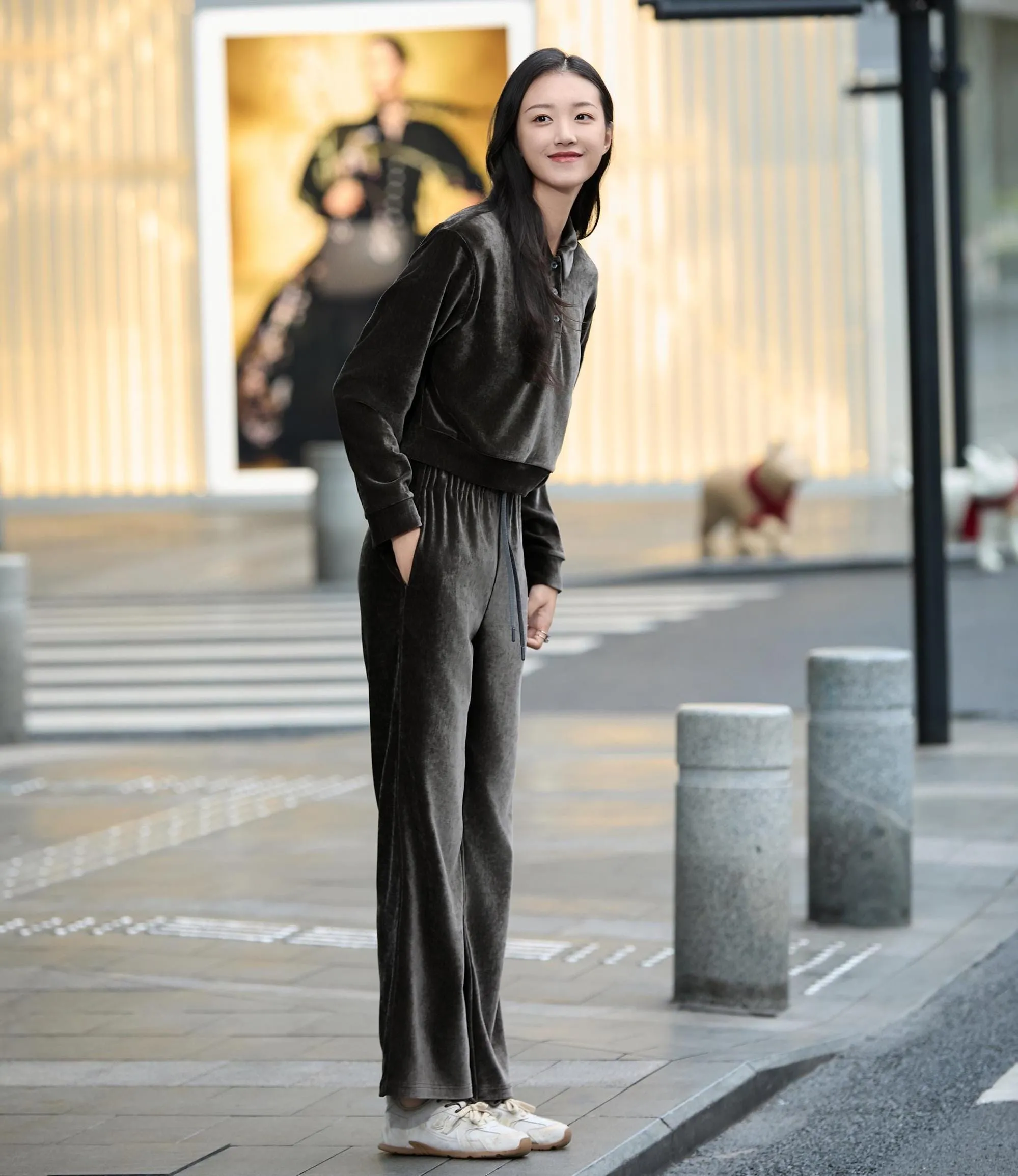 Elegant Dark Brown and beige Velvet Top with Reflective Sheen, Versatile Women's Shirt, Stylish Outfits, brown pants, beige velvet pants