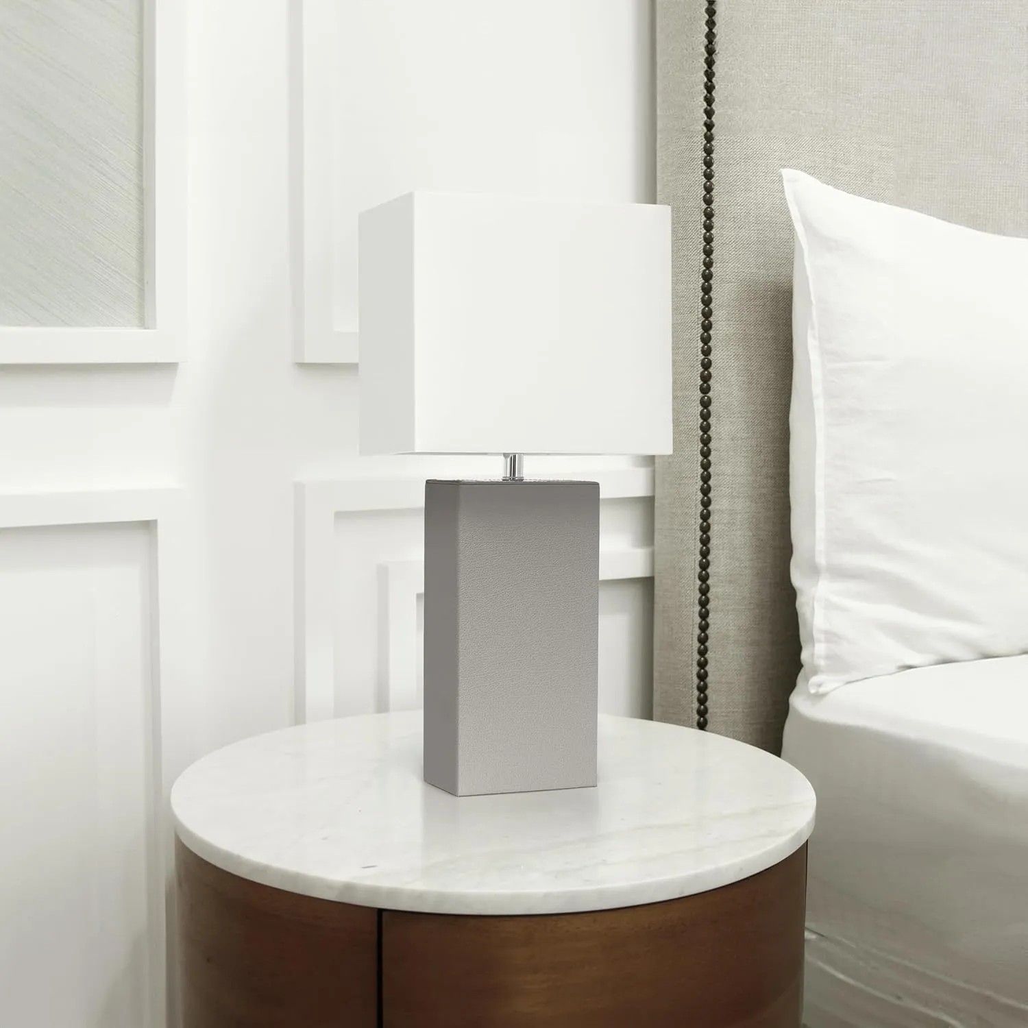 Elegant Designs LT1151-GRY 21" Contemporary Faux Leather Encased Table Lamp for Living Room, Bedroom, Study, Office, Entryway, Reading Nook, Gray