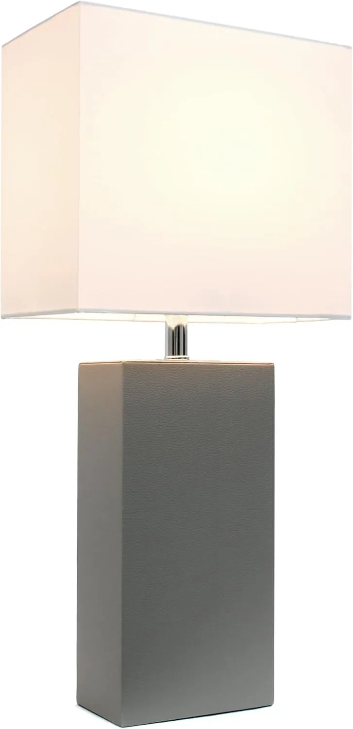 Elegant Designs LT1151-GRY 21" Contemporary Faux Leather Encased Table Lamp for Living Room, Bedroom, Study, Office, Entryway, Reading Nook, Gray