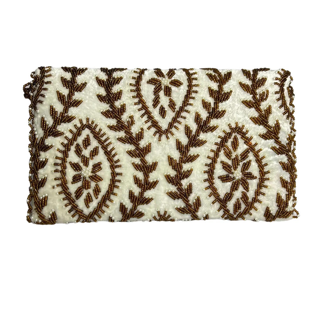 Elegant White Velvet Handmade Bead Clutch