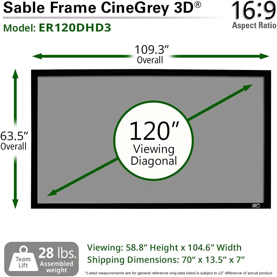 Elite Screens 120-Inch ALR Projector Screen 16:9 – Ceiling & Ambient Light Rejecting, Fixed Frame Wall Mounted, ISF-Certified CineGrey 3D for Home Theater, Standard Throw Projectors, ER120DHD3
