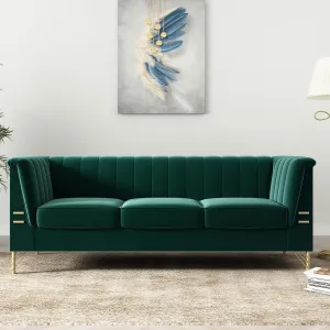Emerald Green Velvet Couch Sofa, 83" Mid-Century Modern Tufted Chesterfield Sofa with Flared Arms and Removable Cushions, Comfy 3 Seater Couch with Gold Metal Legs for Living Room (Green)