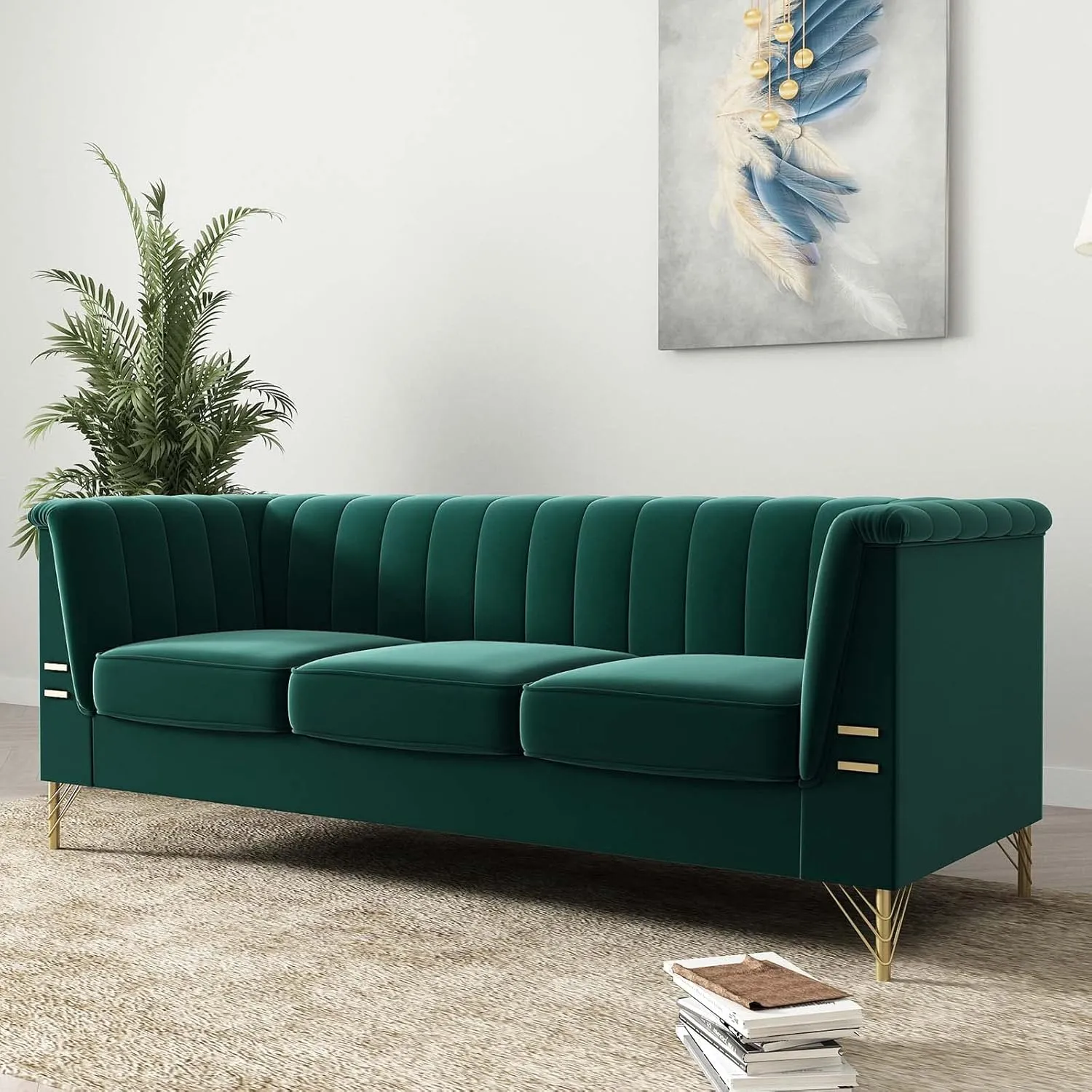 Emerald Green Velvet Couch Sofa, 83" Mid-Century Modern Tufted Chesterfield Sofa with Flared Arms and Removable Cushions, Comfy 3 Seater Couch with Gold Metal Legs for Living Room (Green)