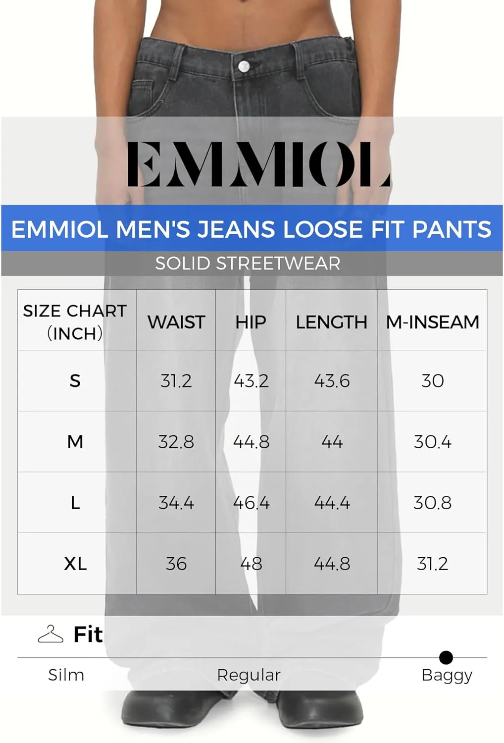 EMMIOL Mens Baggy Hip Hop Jeans Y2K 90s Vintage Trousers Solid Loose Fit Denim Pants Streetwear