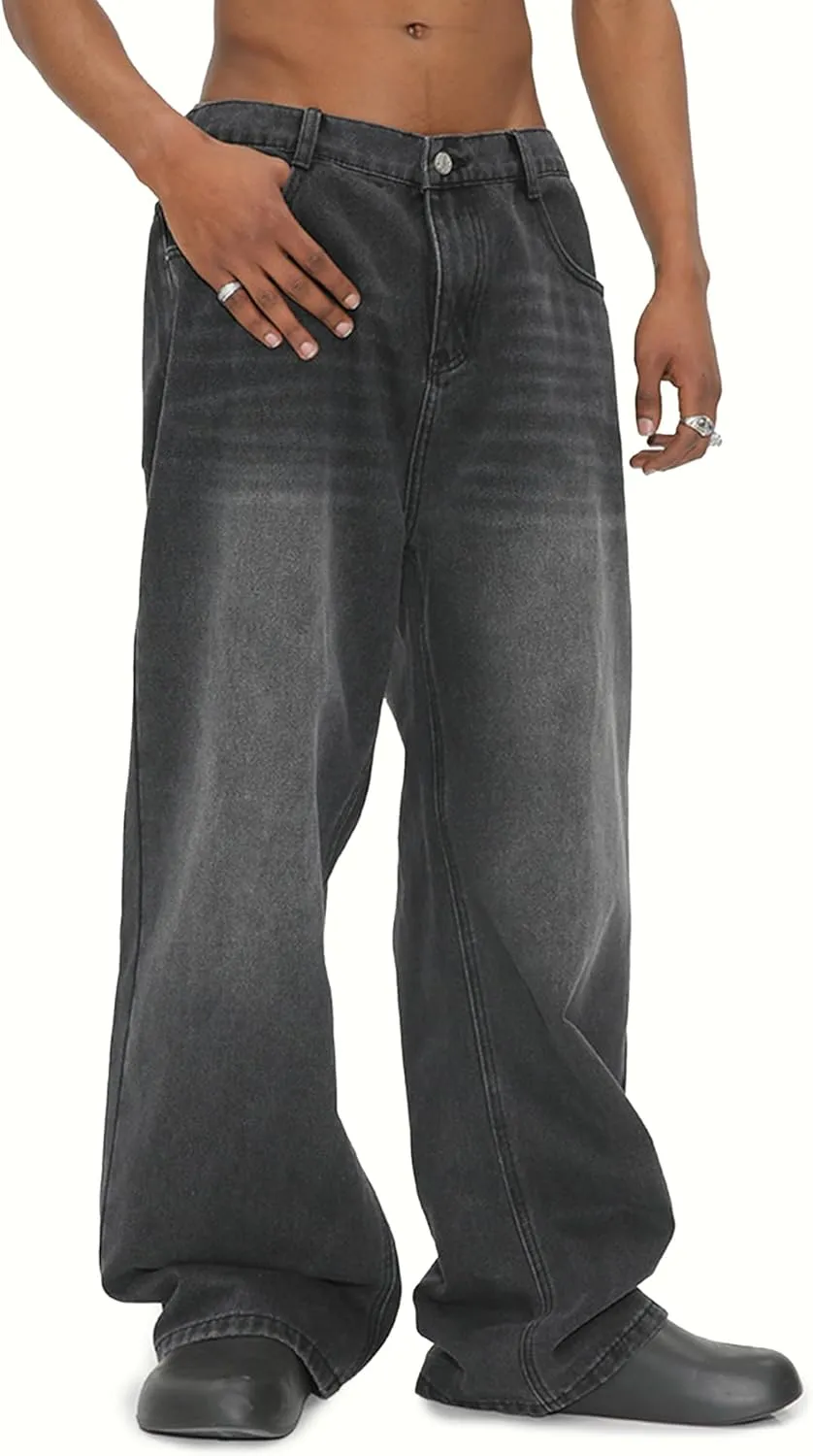 EMMIOL Mens Baggy Hip Hop Jeans Y2K 90s Vintage Trousers Solid Loose Fit Denim Pants Streetwear