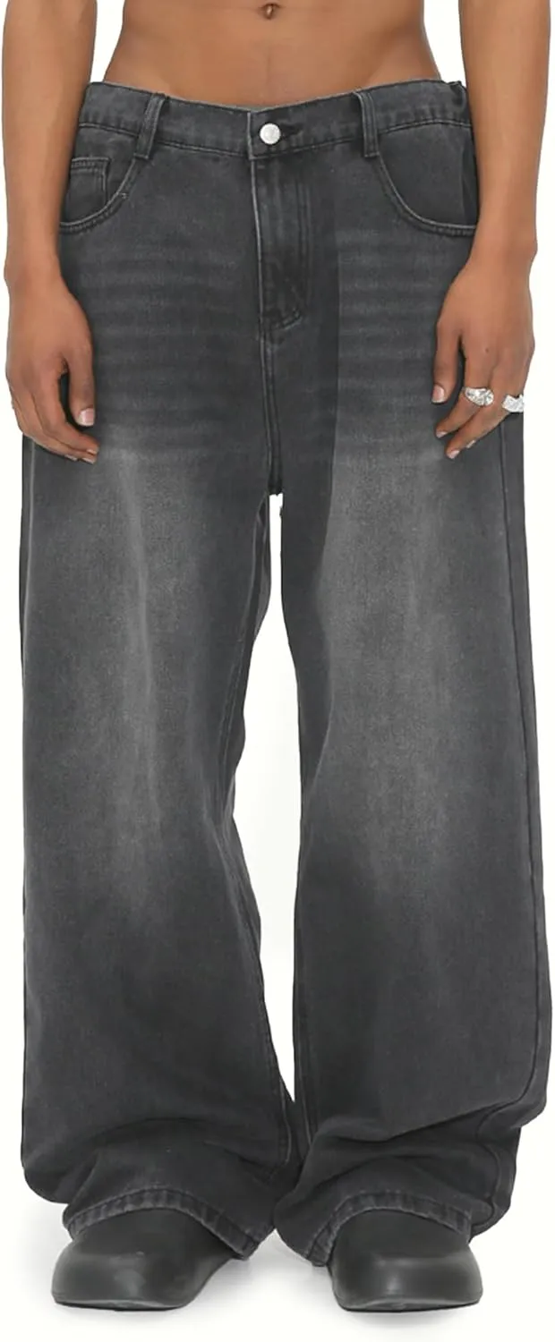 EMMIOL Mens Baggy Hip Hop Jeans Y2K 90s Vintage Trousers Solid Loose Fit Denim Pants Streetwear
