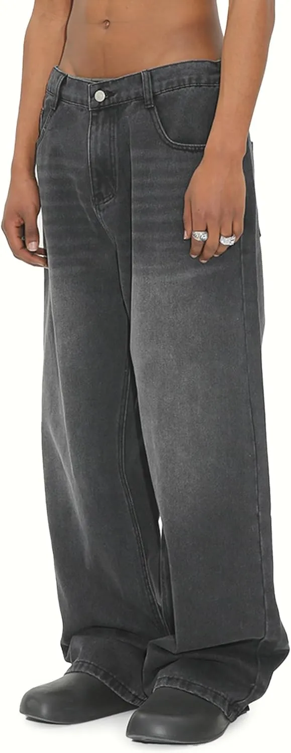 EMMIOL Mens Baggy Hip Hop Jeans Y2K 90s Vintage Trousers Solid Loose Fit Denim Pants Streetwear