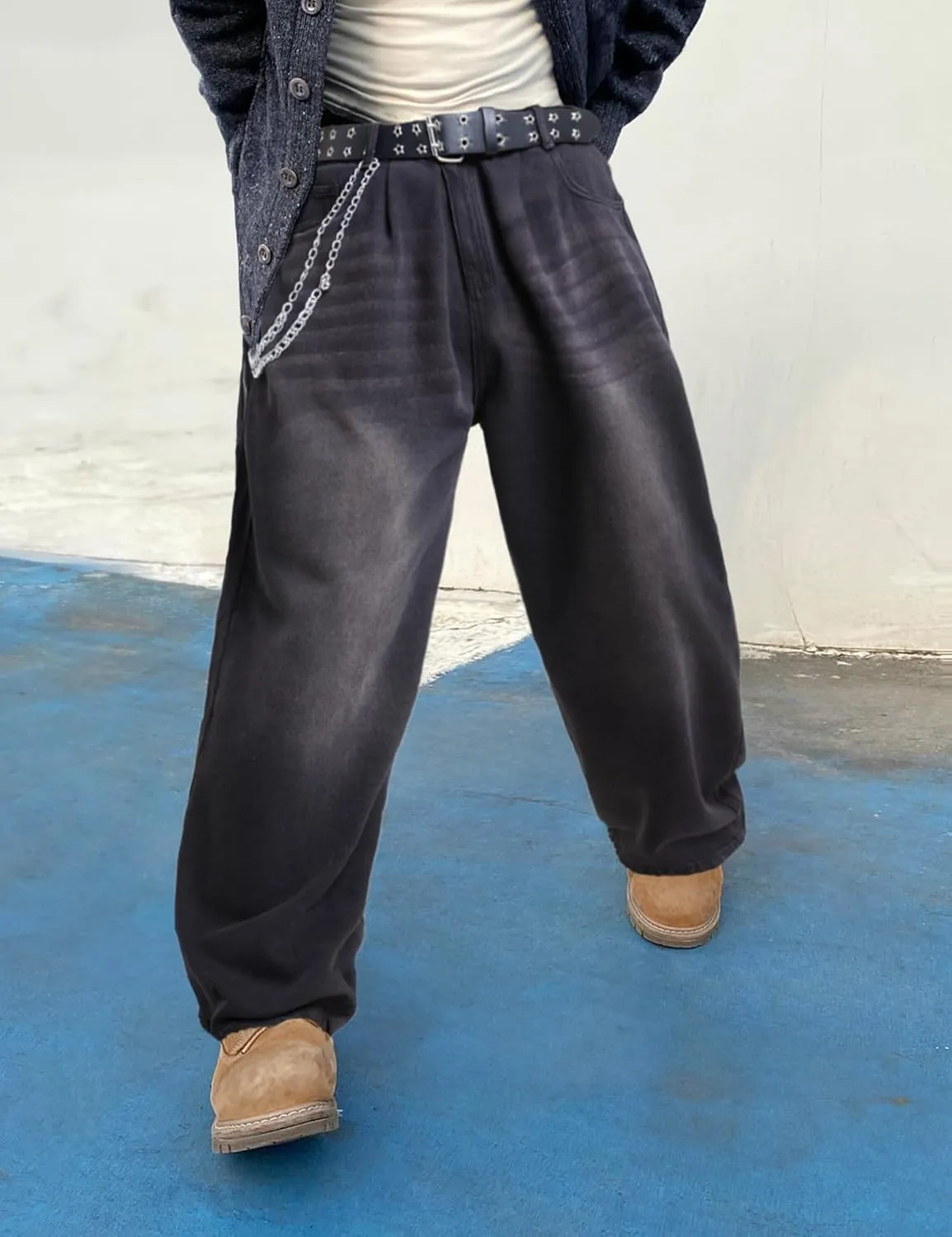 EMMIOL Mens Baggy Hip Hop Jeans Y2K 90s Vintage Trousers Solid Loose Fit Denim Pants Streetwear