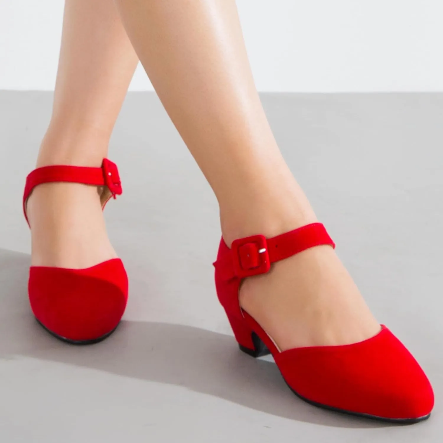 Enelauge Women's Closed Toe Low Block Heels Ankle Buckle Strap D'Orsay Pumps Comfortable Chunky Heel Dress Work Church Shoes