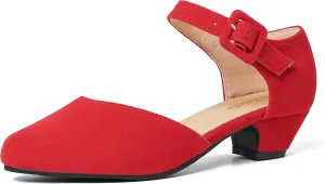 Enelauge Women's Closed Toe Low Block Heels Ankle Buckle Strap D'Orsay Pumps Comfortable Chunky Heel Dress Work Church Shoes