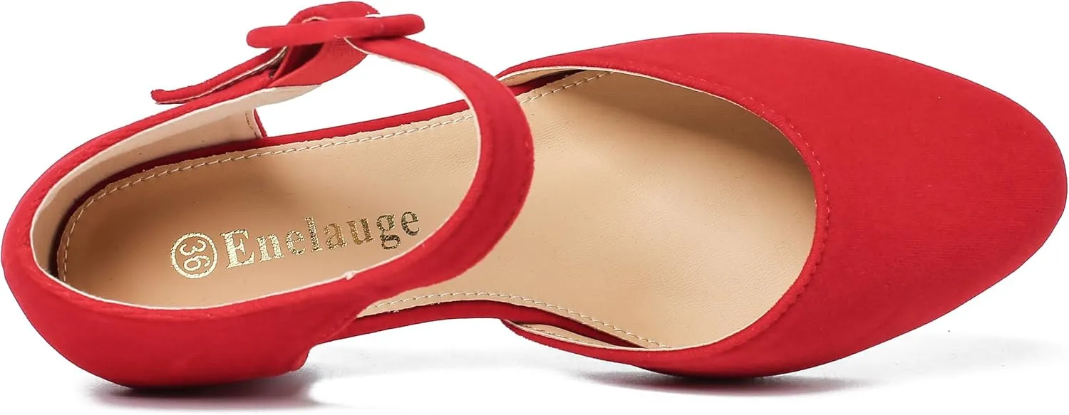 Enelauge Women's Closed Toe Low Block Heels Ankle Buckle Strap D'Orsay Pumps Comfortable Chunky Heel Dress Work Church Shoes
