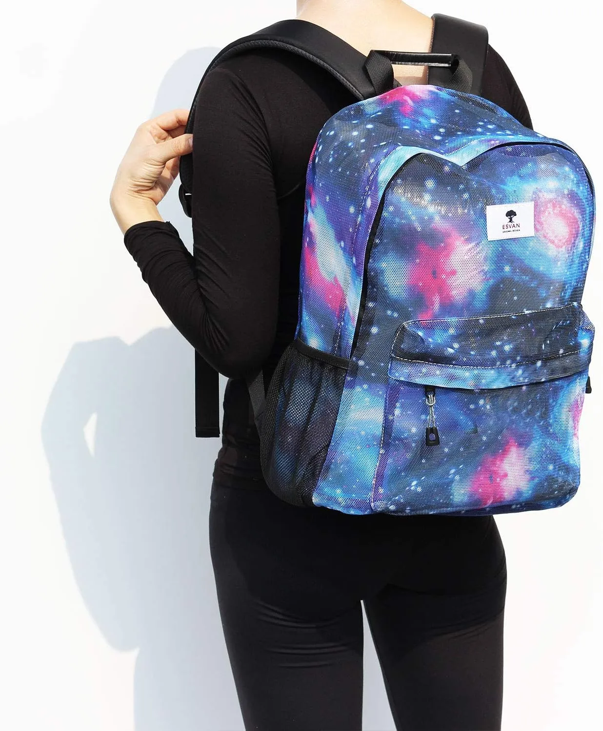 ESVAN Original Print Mesh Backpack Semi-Transparent Sackpack See Through Beach Bag Daypack Multi-Purpose Women Men Unisex