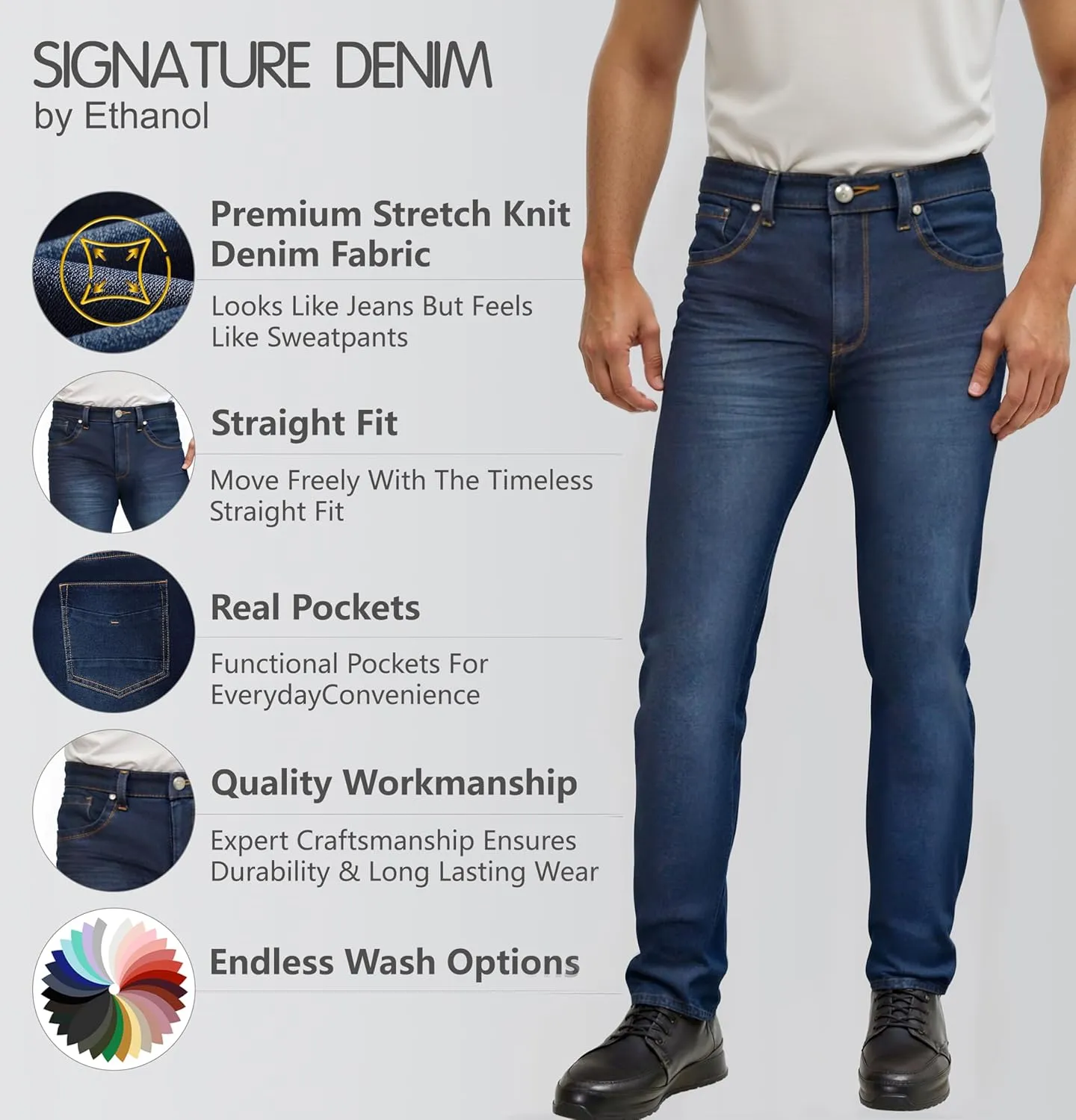 ETHANOL Mens Super Comfy Straight Stretch Knit Jersey Denim Five Pocket Jean