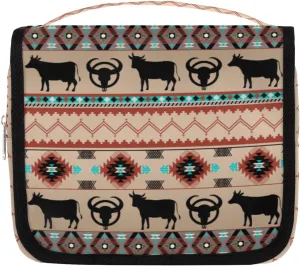 Ethnic Aztec Toiletry Bag for Women Men with Hanging Hook Cow Animal Travel Cosmetic Bag Makeup Case Shaving Bag Organizer Pouch Bathroom Shower Toiletries Accessories