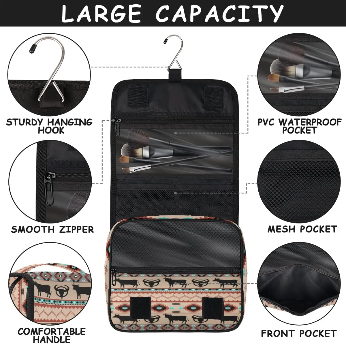 Ethnic Aztec Toiletry Bag for Women Men with Hanging Hook Cow Animal Travel Cosmetic Bag Makeup Case Shaving Bag Organizer Pouch Bathroom Shower Toiletries Accessories
