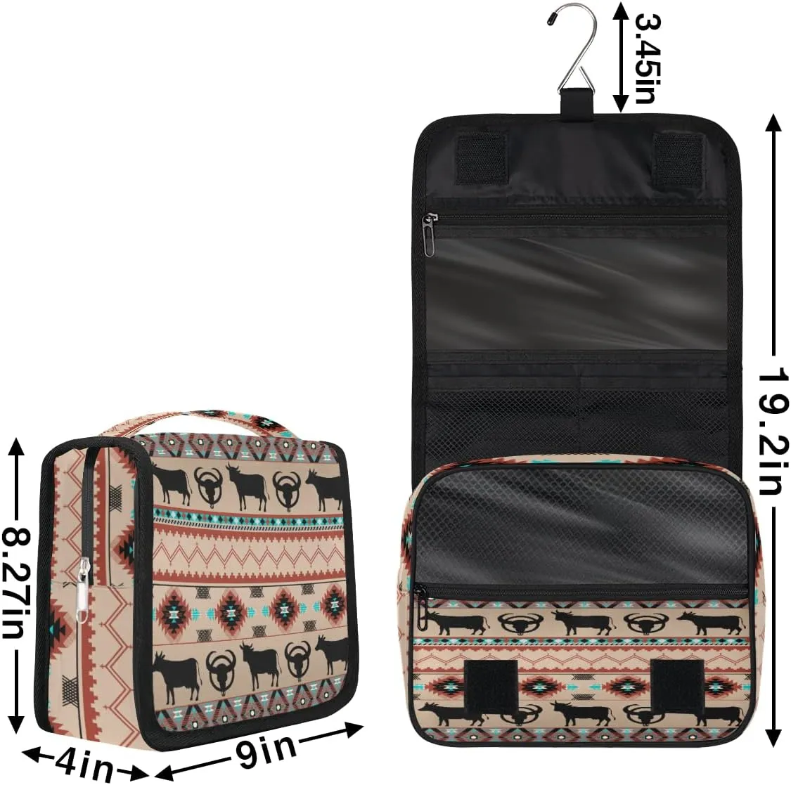 Ethnic Aztec Toiletry Bag for Women Men with Hanging Hook Cow Animal Travel Cosmetic Bag Makeup Case Shaving Bag Organizer Pouch Bathroom Shower Toiletries Accessories