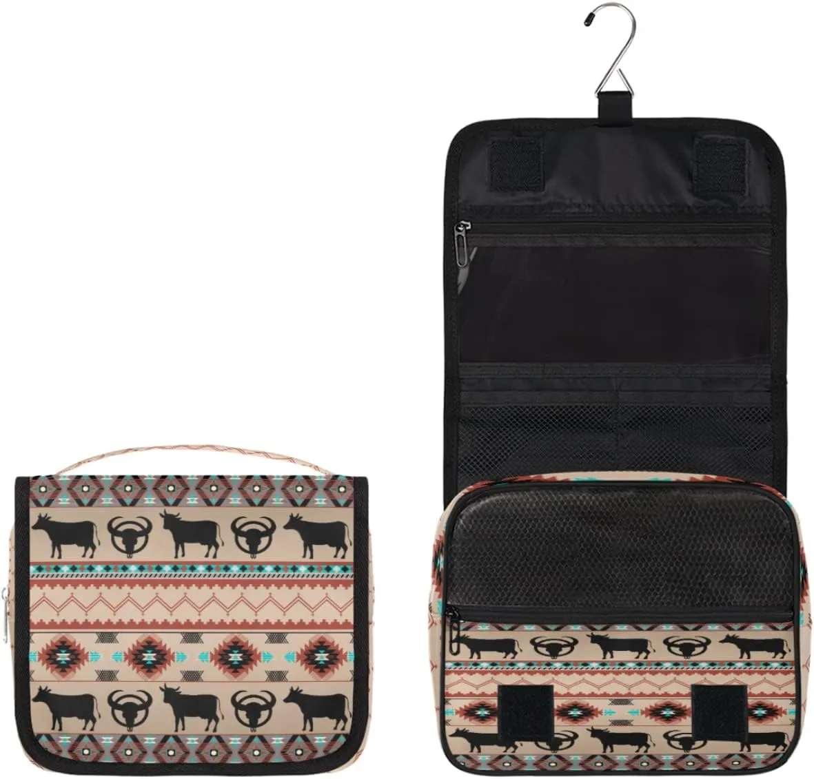 Ethnic Aztec Toiletry Bag for Women Men with Hanging Hook Cow Animal Travel Cosmetic Bag Makeup Case Shaving Bag Organizer Pouch Bathroom Shower Toiletries Accessories