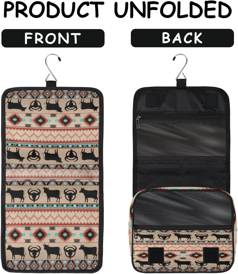 Ethnic Aztec Toiletry Bag for Women Men with Hanging Hook Cow Animal Travel Cosmetic Bag Makeup Case Shaving Bag Organizer Pouch Bathroom Shower Toiletries Accessories
