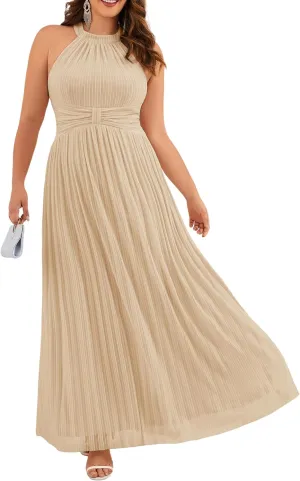 Ever-Pretty Plus Women's Floor Length A-Line Summer Halter Sleeveless Glitter Plus Size Formal Dress Evening Gown