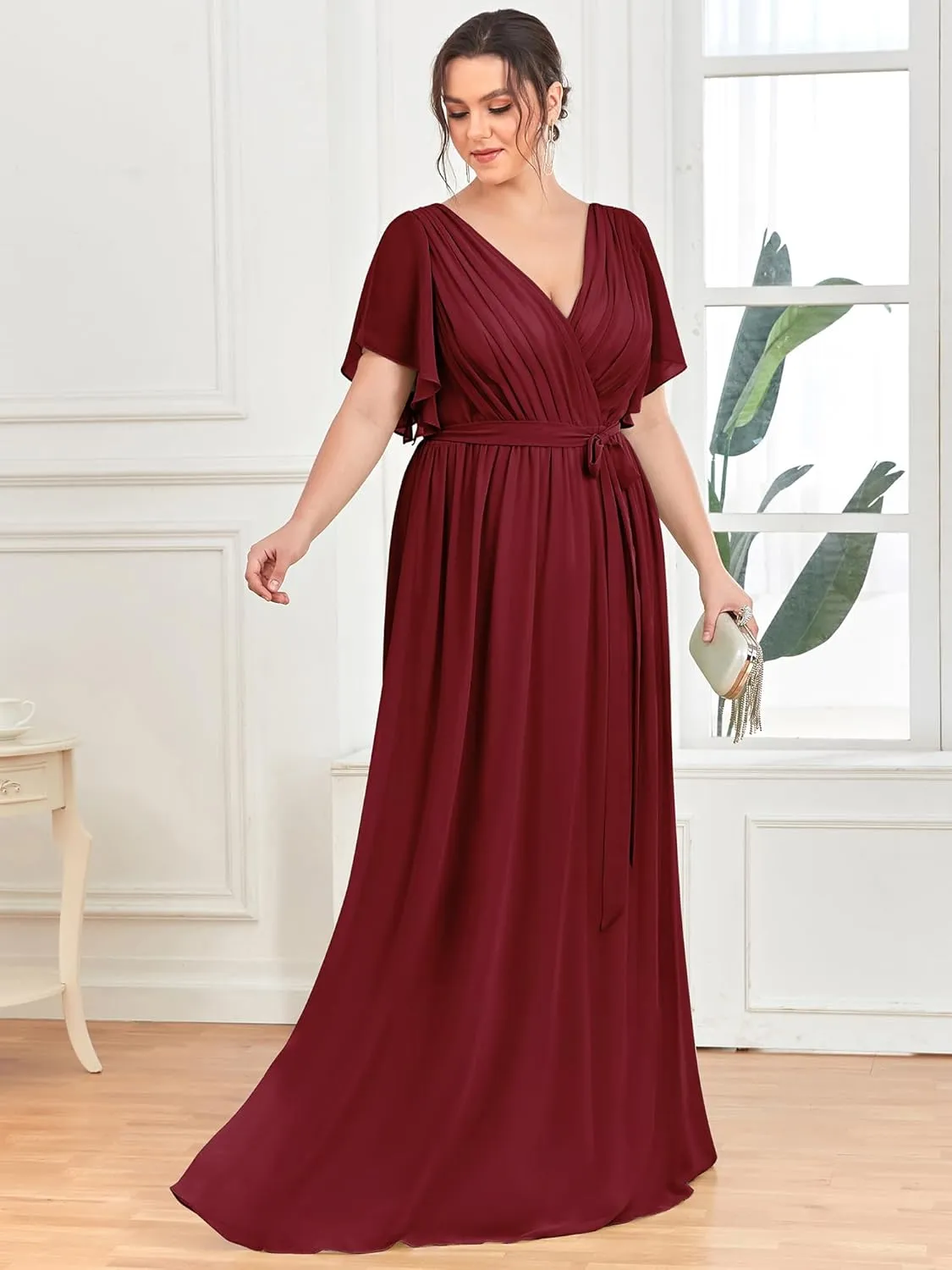 Ever-Pretty Plus Women's Plus Size Chiffon A-Line Deep V-Neck Elastic Sash Waist Floor Length Formal Bridesmaid Dress
