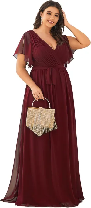Ever-Pretty Plus Women's Plus Size Chiffon A-Line Deep V-Neck Elastic Sash Waist Floor Length Formal Bridesmaid Dress