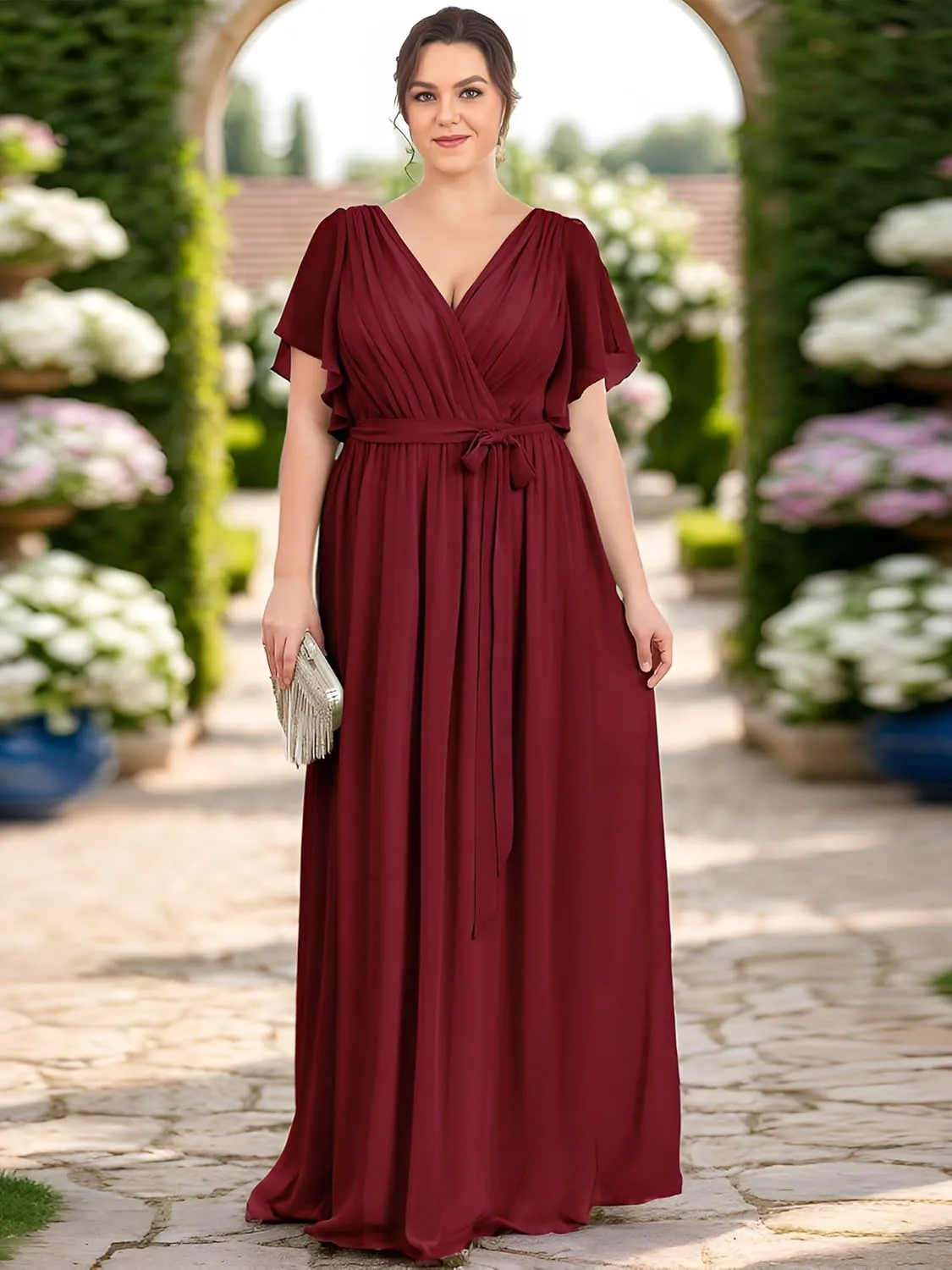 Ever-Pretty Plus Women's Plus Size Chiffon A-Line Deep V-Neck Elastic Sash Waist Floor Length Formal Bridesmaid Dress