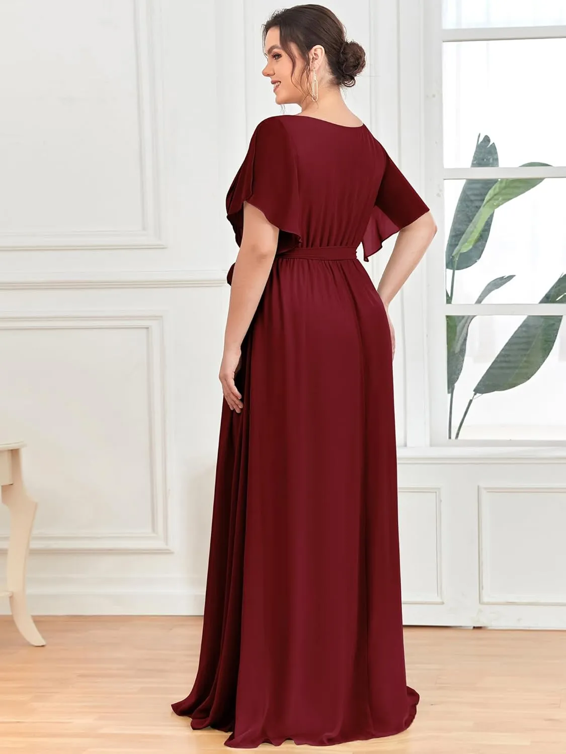 Ever-Pretty Plus Women's Plus Size Chiffon A-Line Deep V-Neck Elastic Sash Waist Floor Length Formal Bridesmaid Dress