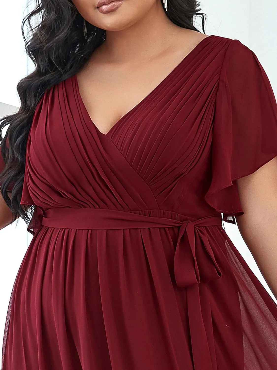 Ever-Pretty Plus Women's Plus Size Chiffon A-Line Deep V-Neck Elastic Sash Waist Floor Length Formal Bridesmaid Dress