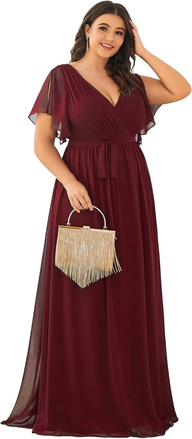 Ever-Pretty Plus Women's Plus Size Chiffon A-Line Deep V-Neck Elastic Sash Waist Floor Length Formal Bridesmaid Dress