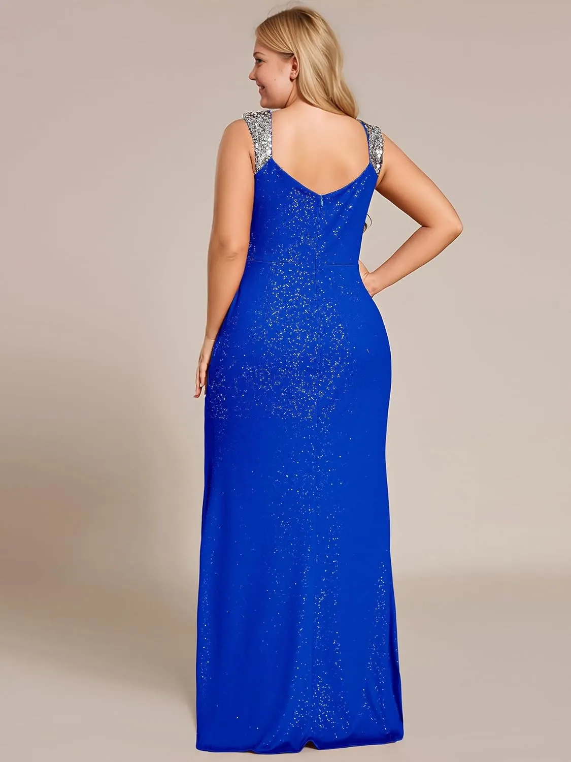 Ever-Pretty Plus Women's V Neck Pleated Bodycon Glitter Side Slit Sleeveless Floor Length Plus Size Ball Dresses 01888-DAPH