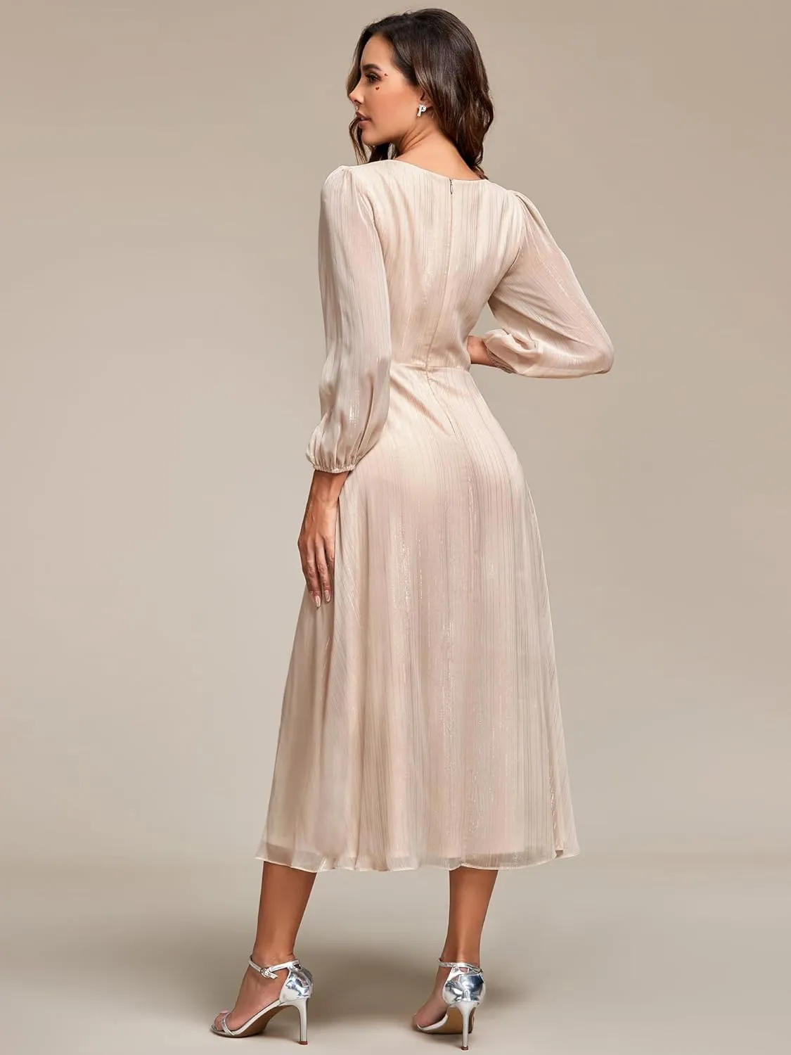 Ever-Pretty Women's Elegant A Line Ruched V Neck Long Sleeves Tea-Length Wedding Guest Dresses 01977