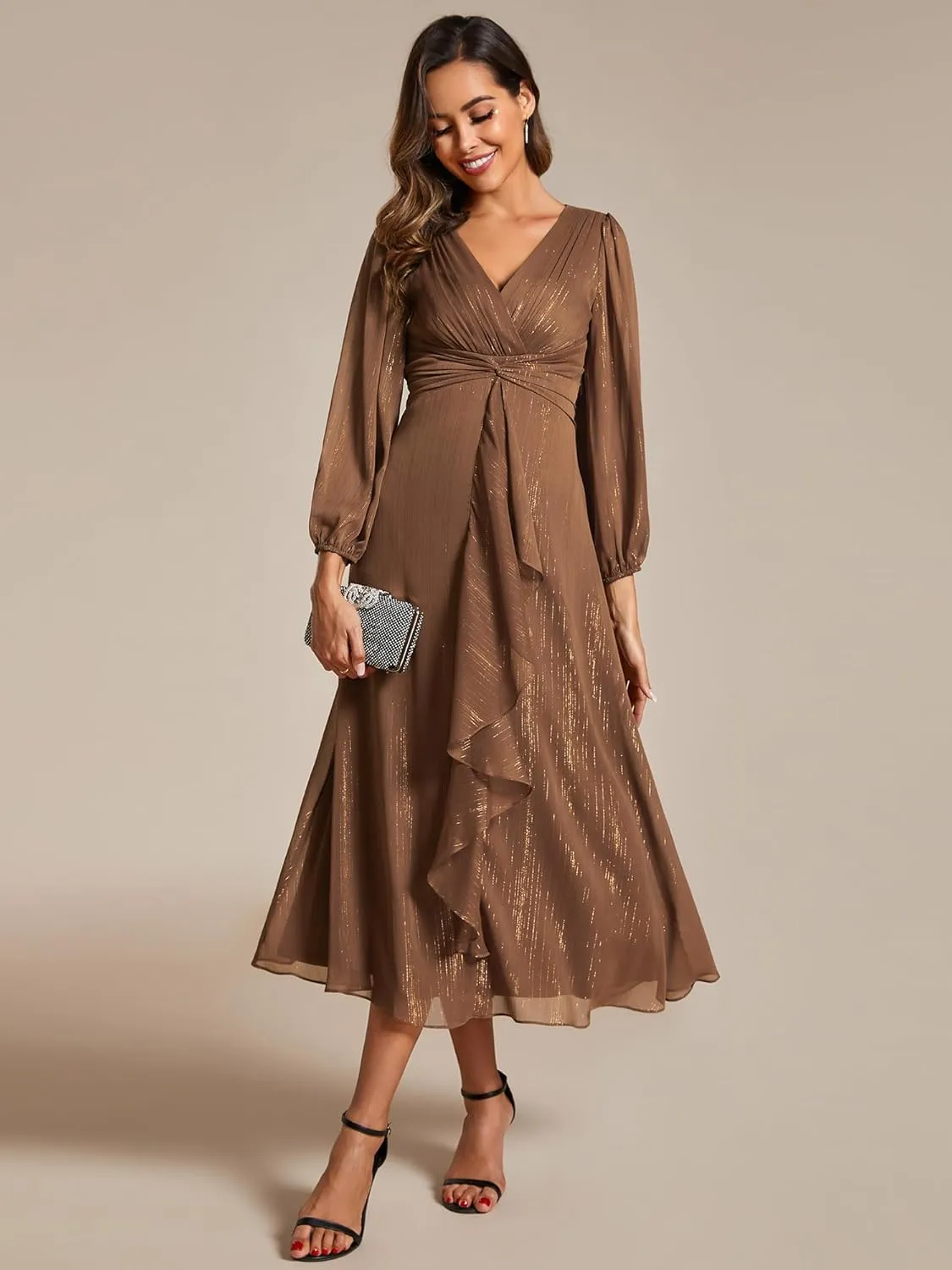 Ever-Pretty Women's Elegant A Line Ruched V Neck Long Sleeves Tea-Length Wedding Guest Dresses 01977