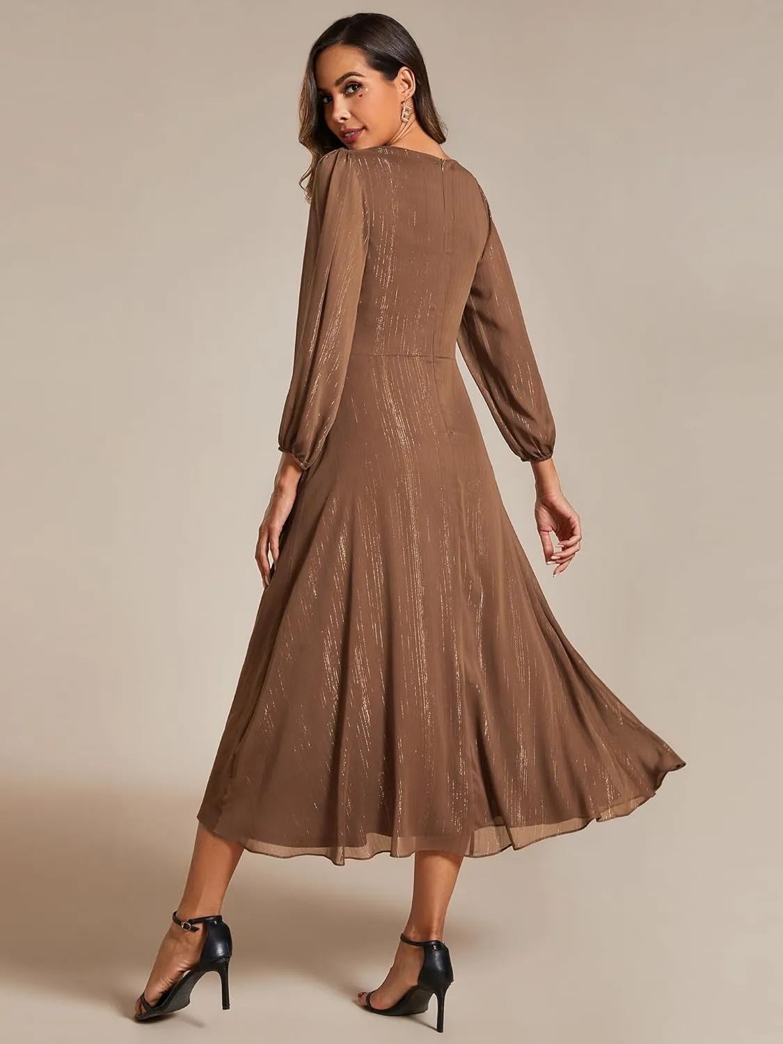 Ever-Pretty Women's Elegant A Line Ruched V Neck Long Sleeves Tea-Length Wedding Guest Dresses 01977