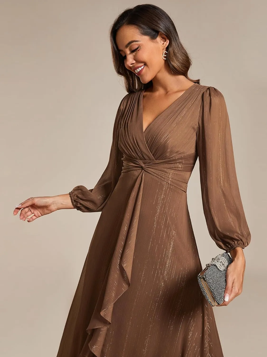 Ever-Pretty Women's Elegant A Line Ruched V Neck Long Sleeves Tea-Length Wedding Guest Dresses 01977