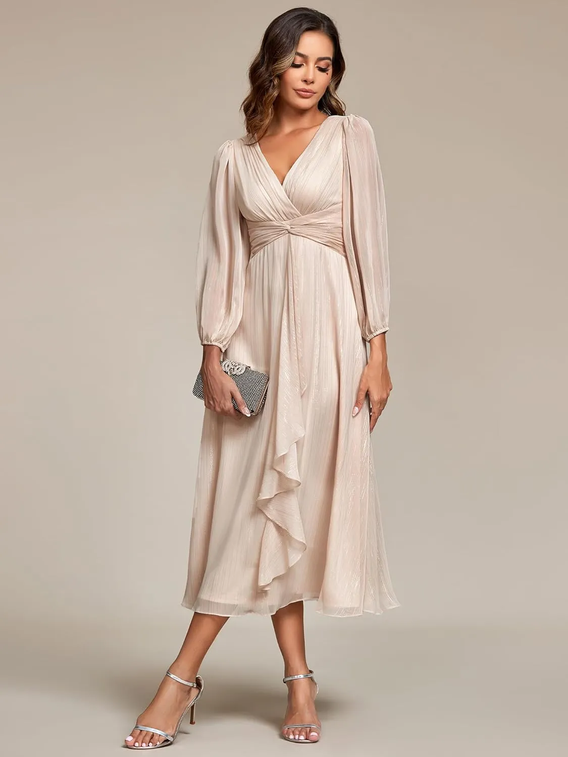 Ever-Pretty Women's Elegant A Line Ruched V Neck Long Sleeves Tea-Length Wedding Guest Dresses 01977