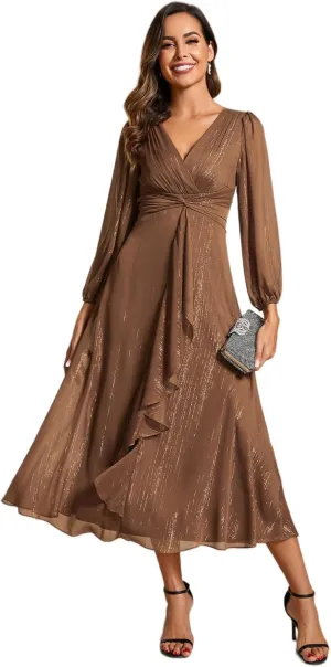 Ever-Pretty Women's Elegant A Line Ruched V Neck Long Sleeves Tea-Length Wedding Guest Dresses 01977