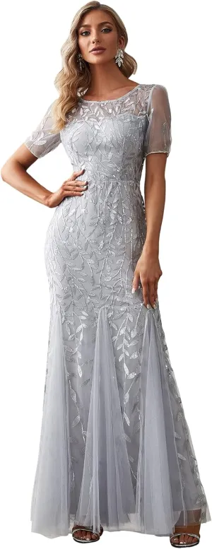 Ever-Pretty Women's Elegant Illusion Short Sleeve Crew Neck Sequin Embroidery Mermaid Evening Dresses 07707