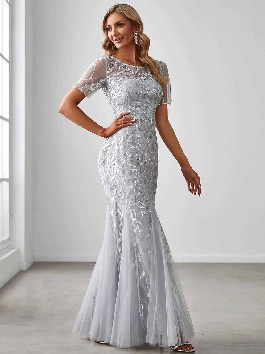 Ever-Pretty Women's Elegant Illusion Short Sleeve Crew Neck Sequin Embroidery Mermaid Evening Dresses 07707