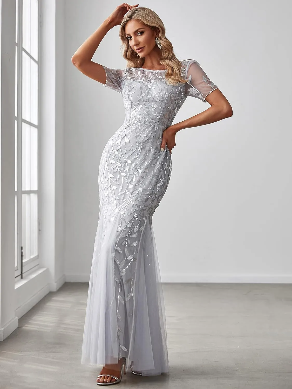 Ever-Pretty Women's Elegant Illusion Short Sleeve Crew Neck Sequin Embroidery Mermaid Evening Dresses 07707