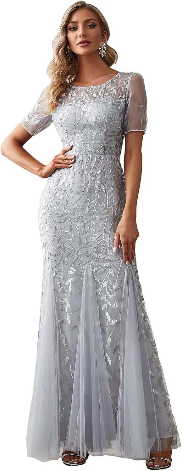 Ever-Pretty Women's Elegant Illusion Short Sleeve Crew Neck Sequin Embroidery Mermaid Evening Dresses 07707
